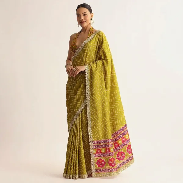 Olive_Green_Zigzag_Pattern_Embellished_Saree_With_Vibrant_Border