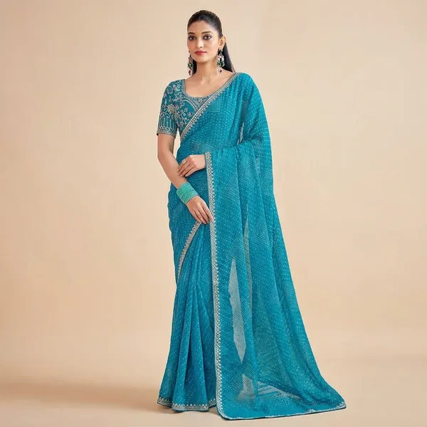 Turquoise_Embellished_Saree_With_Sequin_Work_And_Silver_Border