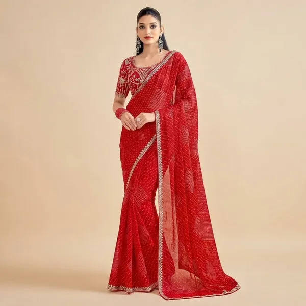 Bandhani_Print_Red_Saree_With_Embellished_Blouse_And_Lace_Border
