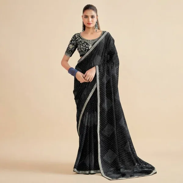 Black_Bandhani_Saree_With_Silver_Border_And_Embroidered_Blouse