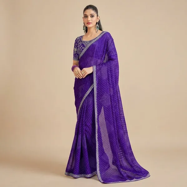 Royal_Purple_Bandhani_Saree_With_Silver_Embellished_Border_And_Embroidered_Blouse