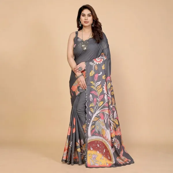 Grey_Silk_Saree_With_Hand-Painted_Madhubani_Art_Print