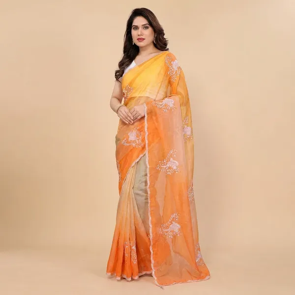 Yellow_And_Orange_Gradient_Saree_With_Embroidered_Floral_Motifs