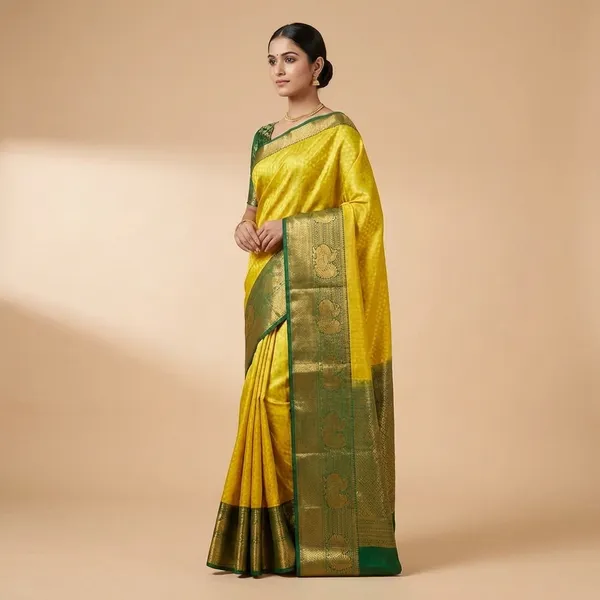 Yellow_Kanjivaram_Silk_Saree_With_Green_Zari_Border_And_Blouse_Piece