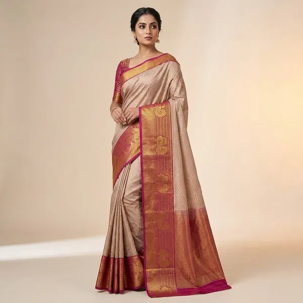 Traditional_Beige_Kanjivaram_Silk_Saree_With_Zari_Border