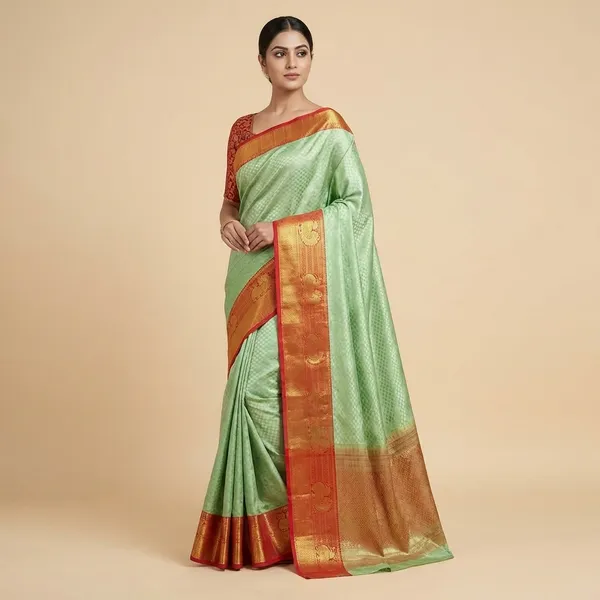 Traditional_South_Indian_Kanjivaram_Silk_Saree_With_Zari_Border_-_Green_And_Red