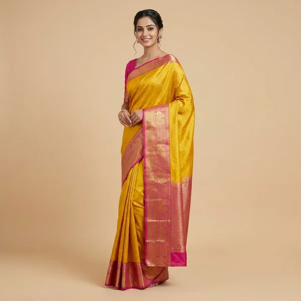Traditional_Yellow_Kanjivaram_Silk_Saree_With_Pink_Zari_Border