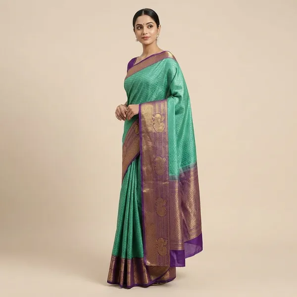Traditional_South_Indian_Kanjivaram_Silk_Saree_With_Zari_Border_-_Sea_Green_With_Purple_And_Gold