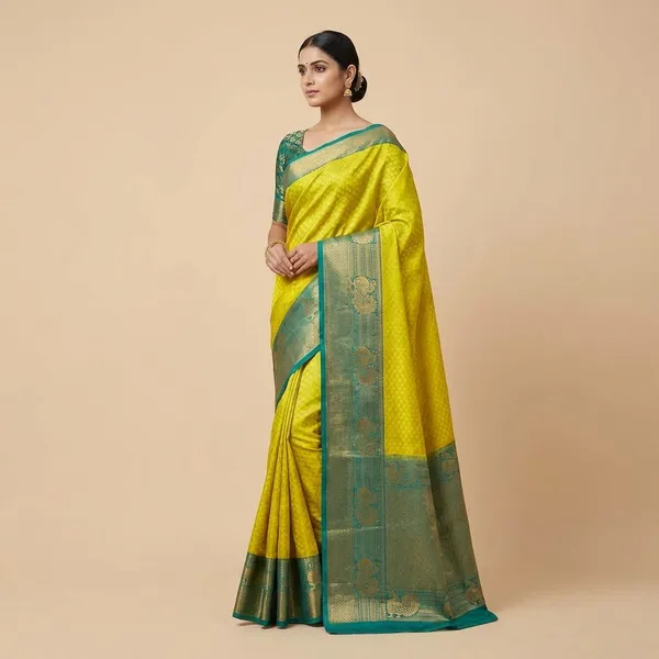 Traditional_Yellow_Kanjivaram_Silk_Saree_With_Green_Zari_Border
