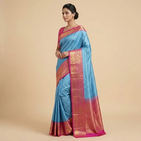 Kanjivaram_Silk_Saree_With_Contrast_Border_And_Blouse_Piece_-_Sky_Blue_And_Pink