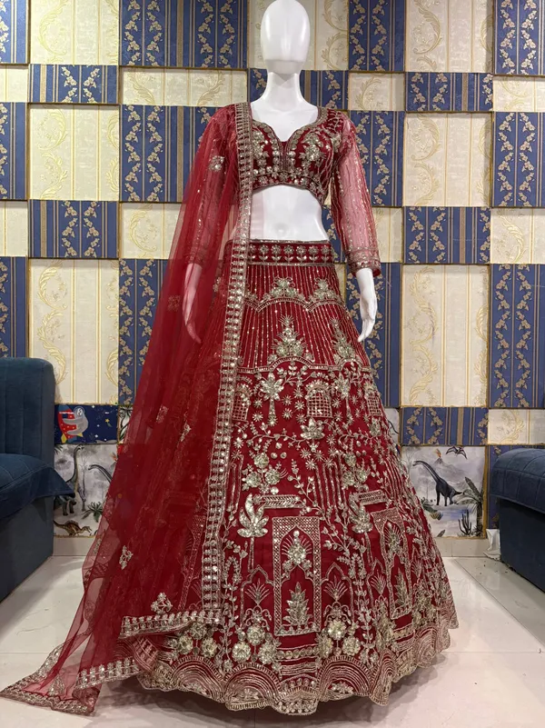Maroon_Embroidered_Bridal_Lehenga_Choli_Set_With_Heavy_Zari_Work_And_Dupatta