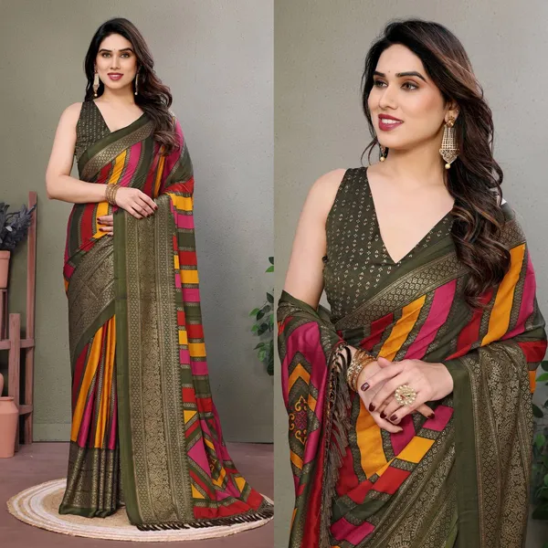 Multicolor_Striped_Saree_With_Olive_Green_Border_And_Embellished_Blouse