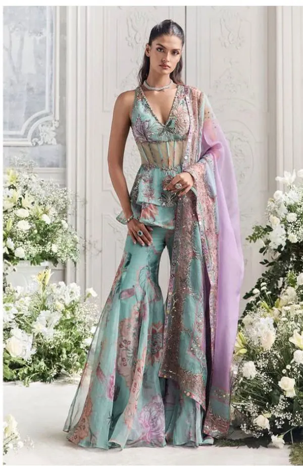 Floral_Embroidered_Sage_Green_Lehenga_Set_With_Purple_Dupatta