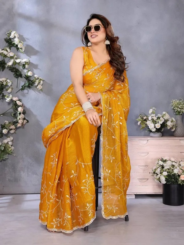 Mustard_Yellow_Floral_Embroidered_Saree_With_Lace_Border