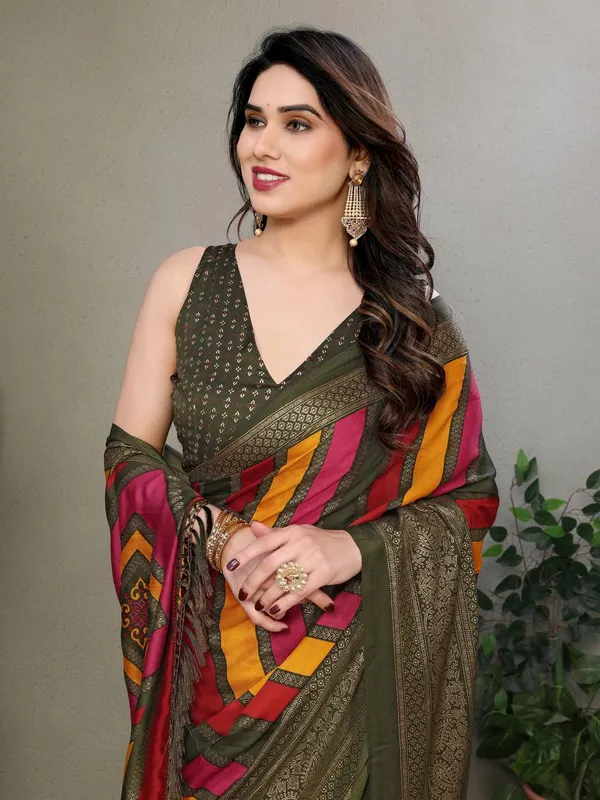 Multicolor_Striped_Saree_With_Olive_Green_Border_And_Embellished_Blouse