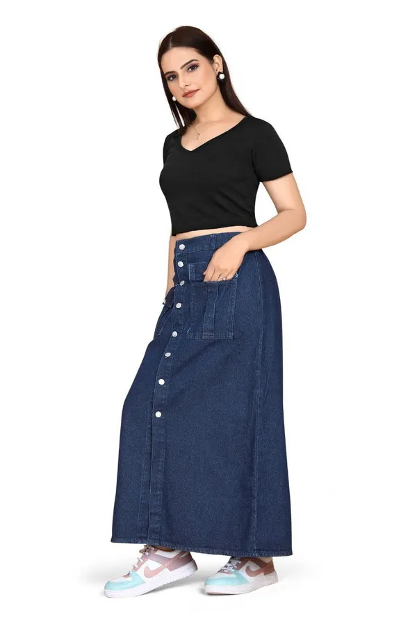 Women'S_Dark_Blue_Button-Front_Denim_Maxi_Skirt