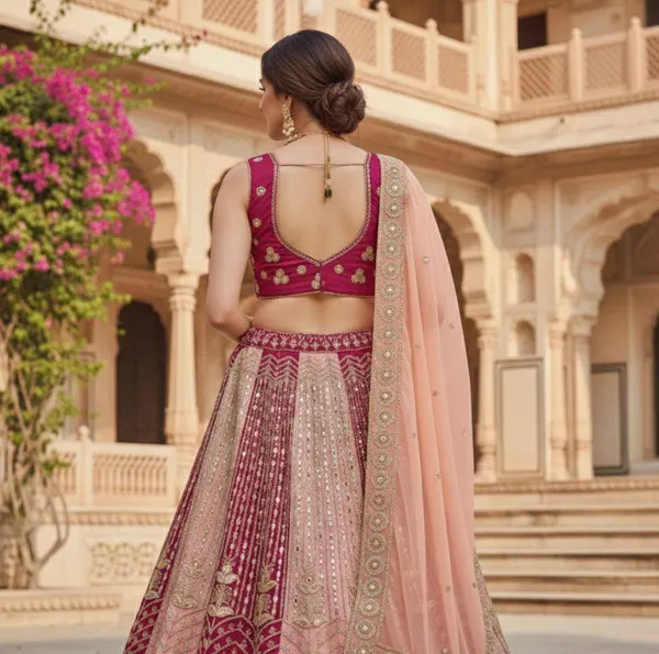 Peach_And_Maroon_Embroidered_Lehenga_Choli_Set_With_Dupatta