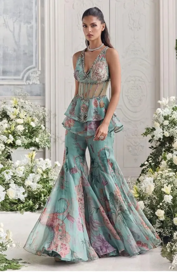 Floral_Embroidered_Sage_Green_Lehenga_Set_With_Purple_Dupatta
