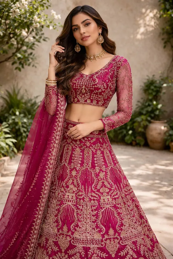 Bridal_Red_Velvet_Embellished_Lehenga_Choli_Set_With_Heavy_Zari_Work