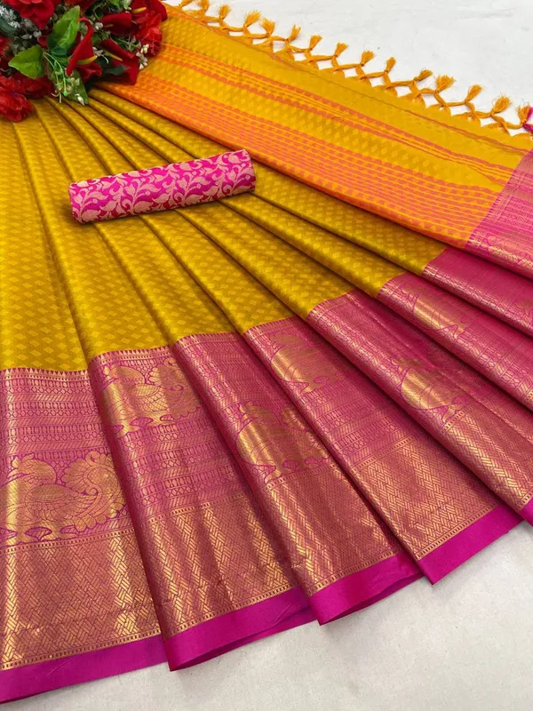 Traditional_Yellow_Kanjivaram_Silk_Saree_With_Pink_Zari_Border