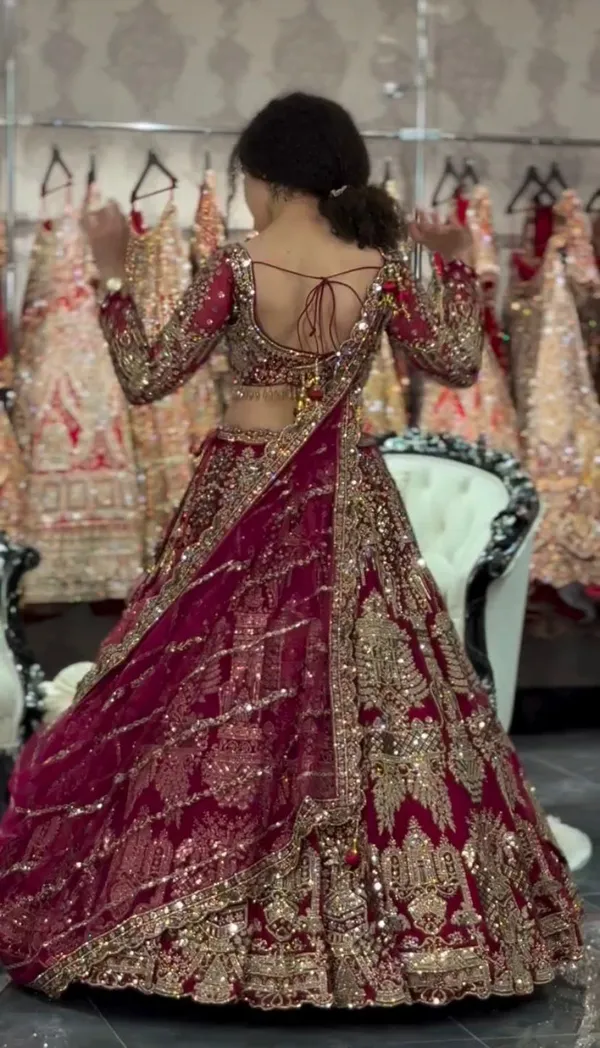 Bridal_Red_Velvet_Embellished_Lehenga_Choli_Set_With_Heavy_Zari_Work