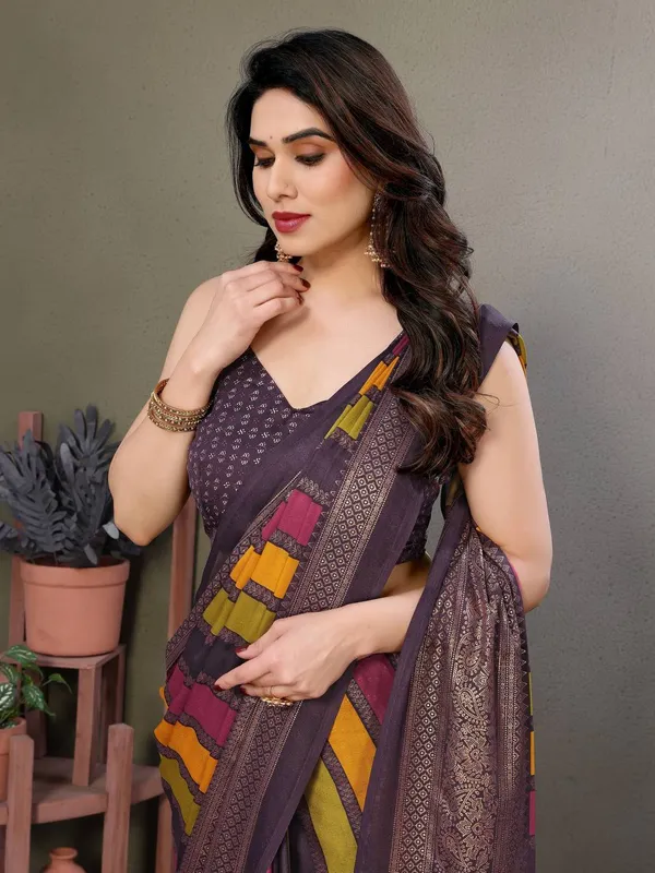 Designer_Purple_Printed_Silk_Blend_Saree_With_Colorful_Geometric_Border_And_Matching_Blouse