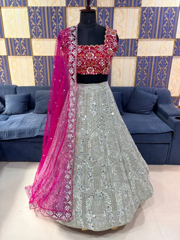 Silver_Sequin_Lehenga_With_Red_Embroidered_Blouse_And_Pink_Dupatta