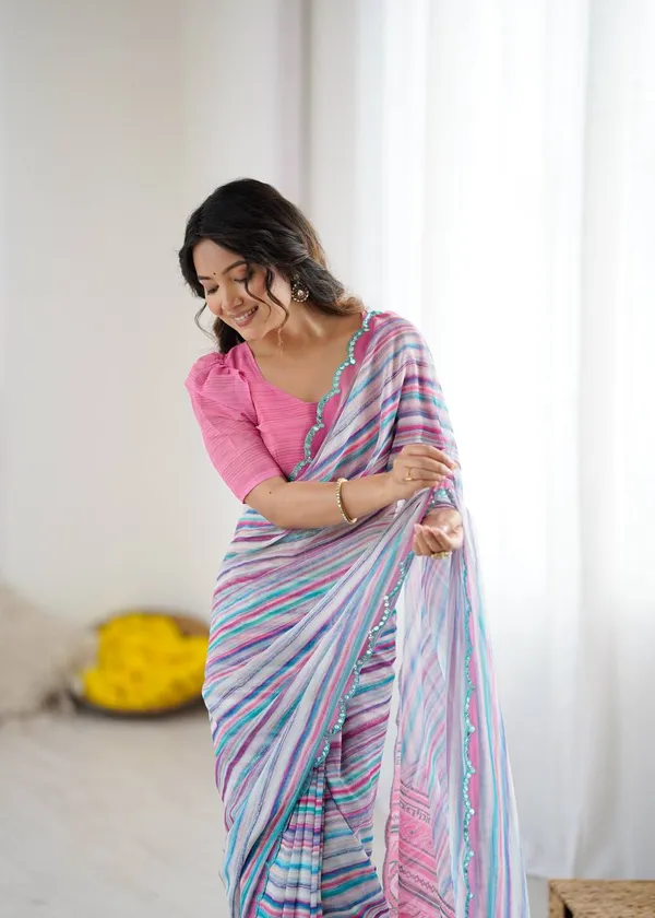 Multicolor_Striped_Cotton_Saree_With_Pink_Blouse
