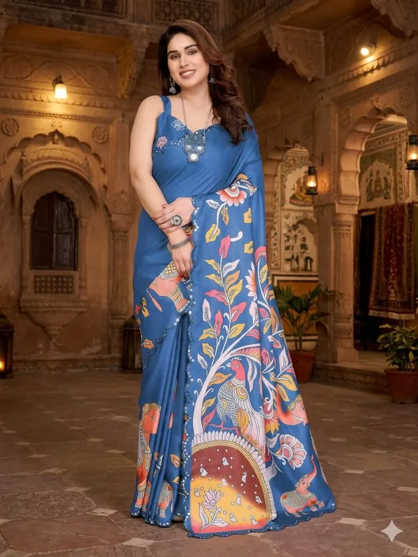 Blue_Kalamkari_Printed_Art_Silk_Saree_With_Floral_And_Peacock_Motifs
