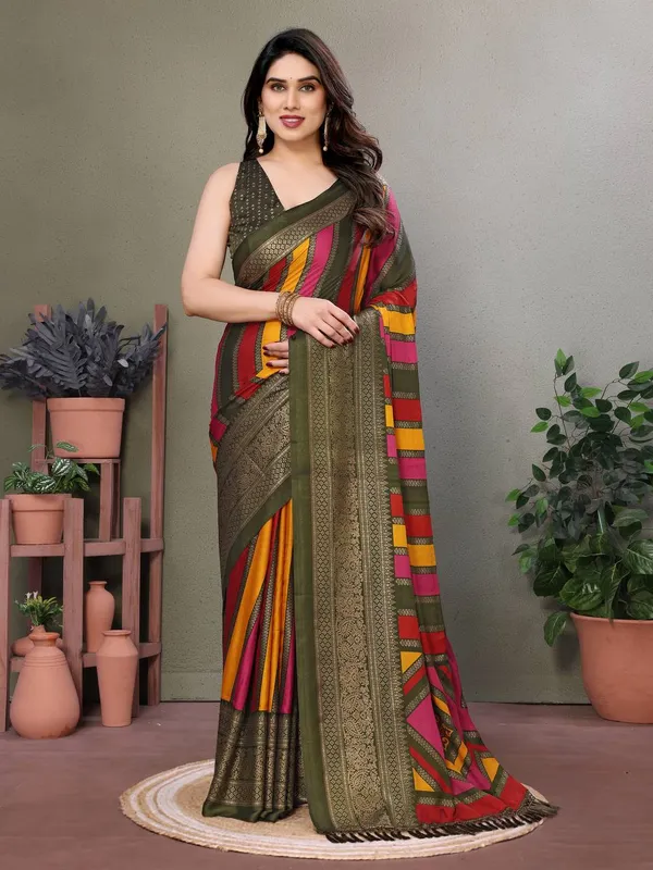 Multicolor_Striped_Saree_With_Olive_Green_Border_And_Embellished_Blouse