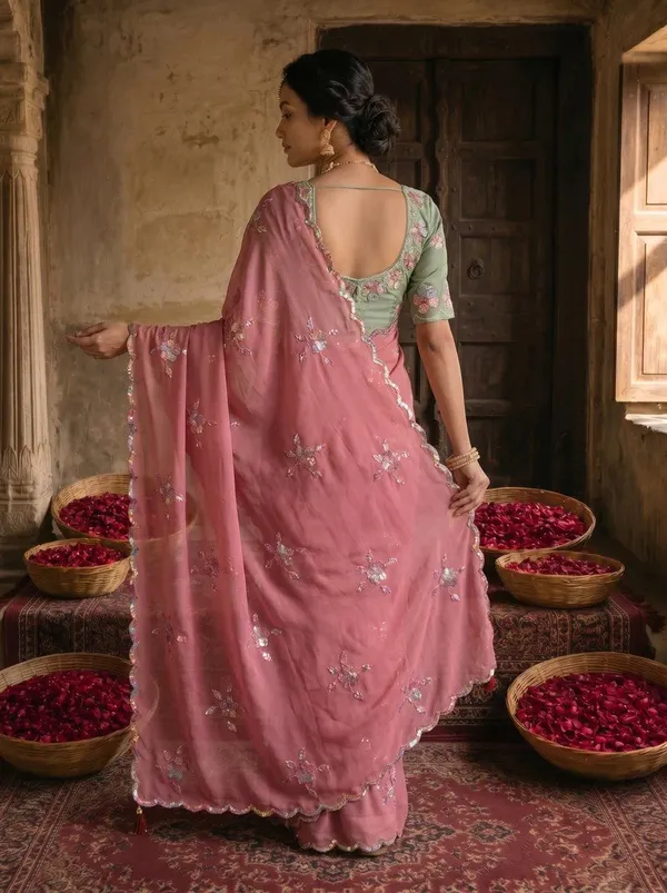 Dusty_Rose_Pink_Georgette_Floral_Sequin_Embroidered_Saree_For_Women