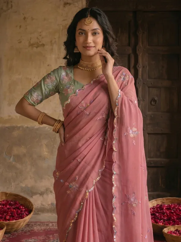 Dusty_Rose_Pink_Georgette_Floral_Sequin_Embroidered_Saree_For_Women