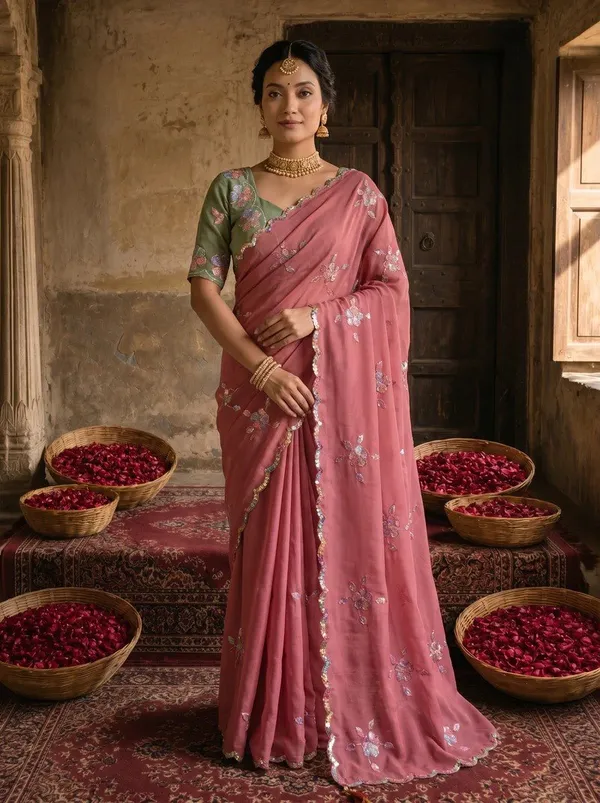 Dusty_Rose_Pink_Georgette_Floral_Sequin_Embroidered_Saree_For_Women