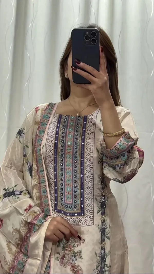 Beige_Pure_Silk_Mirror_Work_Embroidered_Suit_Set_For_Women