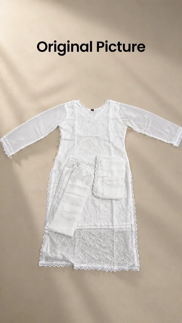 White_Georgette_Chikankari_Embroidery_Kurta_With_Pant_And_Dupatta_For_Women