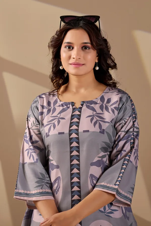 Grey_Cotton_Slub_Floral_Printed_Kurta_Trouser_Co-Ord_Set_For_Women
