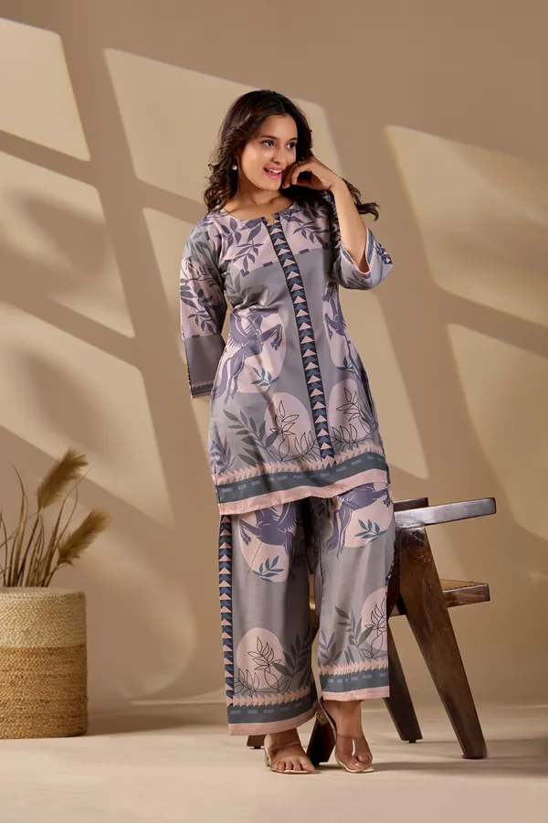 Grey_Cotton_Slub_Floral_Printed_Kurta_Trouser_Co-Ord_Set_For_Women