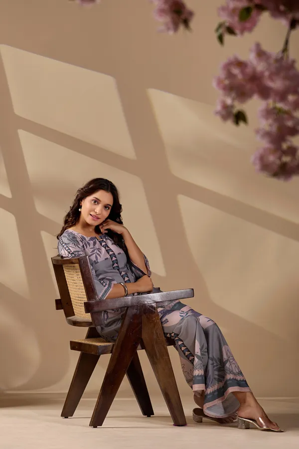 Grey_Cotton_Slub_Floral_Printed_Kurta_Trouser_Co-Ord_Set_For_Women