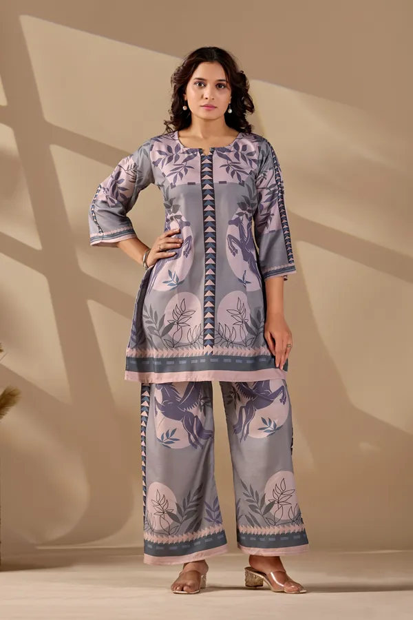 Grey_Cotton_Slub_Floral_Printed_Kurta_Trouser_Co-Ord_Set_For_Women