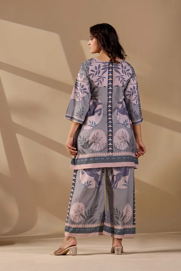 Grey_Cotton_Slub_Floral_Printed_Kurta_Trouser_Co-Ord_Set_For_Women