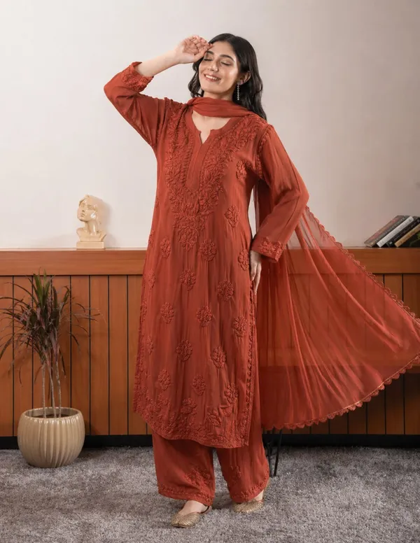 Rust_Orange_Georgette_Chikankari_Embroidered_Kurta_Set_With_Dupatta_For_Women