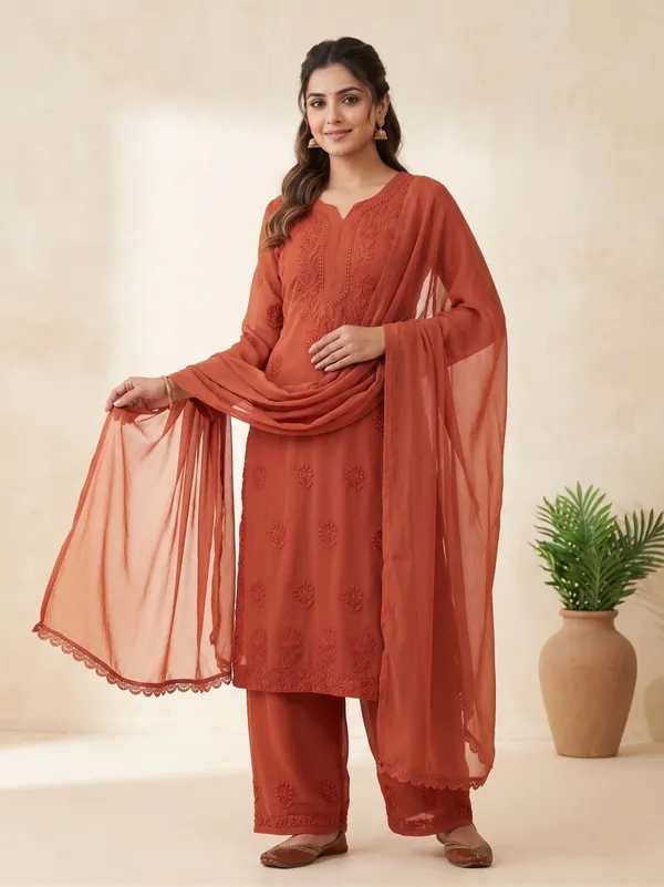 Rust_Orange_Georgette_Chikankari_Embroidered_Kurta_Set_With_Dupatta_For_Women