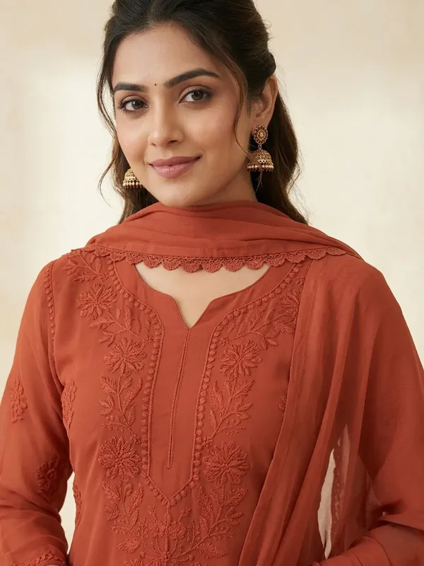 Rust_Orange_Georgette_Chikankari_Embroidered_Kurta_Set_With_Dupatta_For_Women