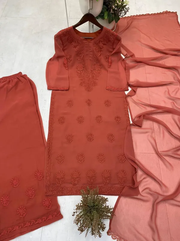 Rust_Orange_Georgette_Chikankari_Embroidered_Kurta_Set_With_Dupatta_For_Women