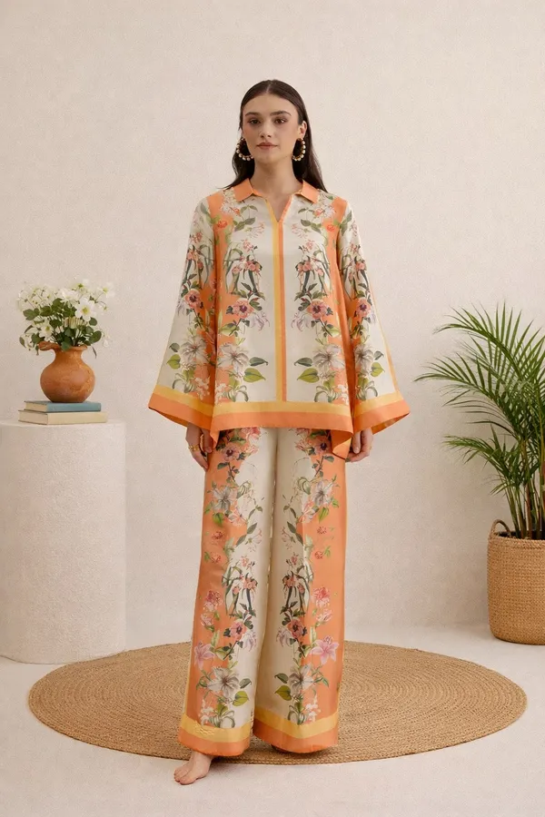 White_Cotton_Slub_Floral_Printed_V-Neck_Tunic_Trouser_Co-Ord_Set_For_Women