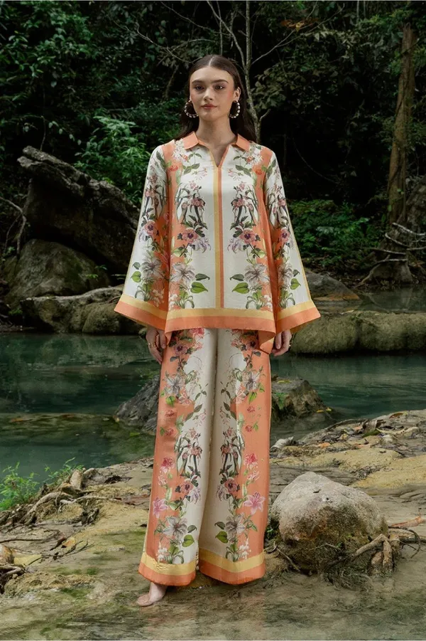 White_Cotton_Slub_Floral_Printed_V-Neck_Tunic_Trouser_Co-Ord_Set_For_Women