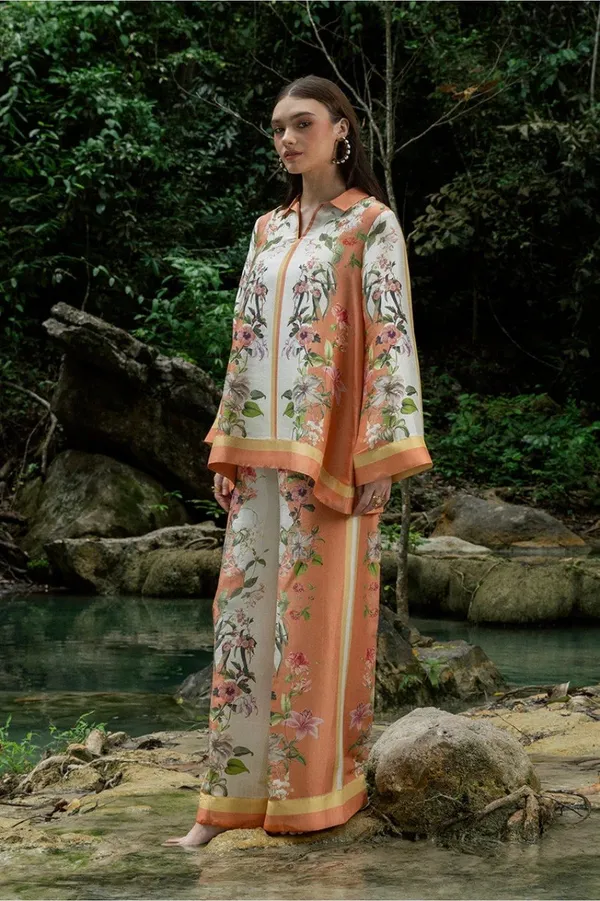 White_Cotton_Slub_Floral_Printed_V-Neck_Tunic_Trouser_Co-Ord_Set_For_Women
