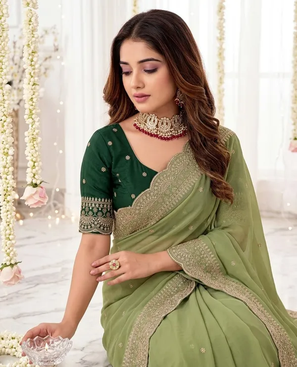 Green_Georgette_Embroidered_Buti_Saree_For_Women