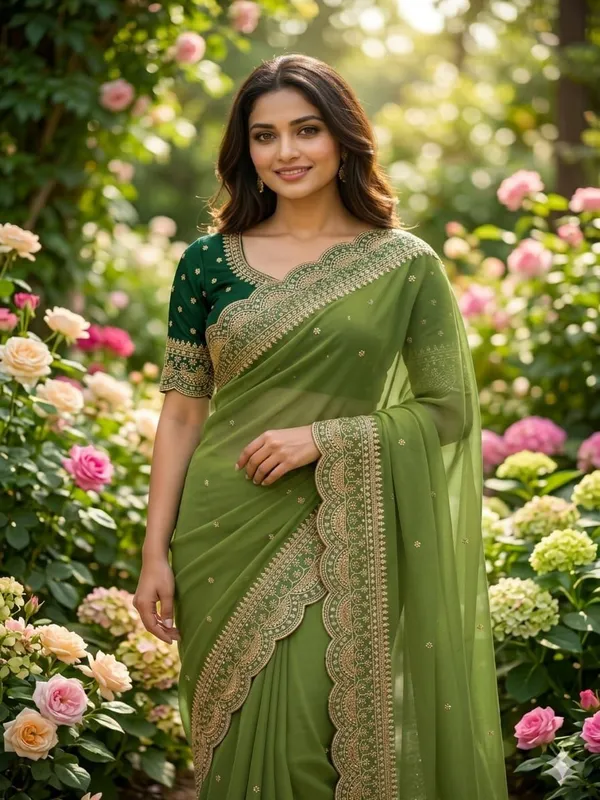 Green_Georgette_Embroidered_Buti_Saree_For_Women