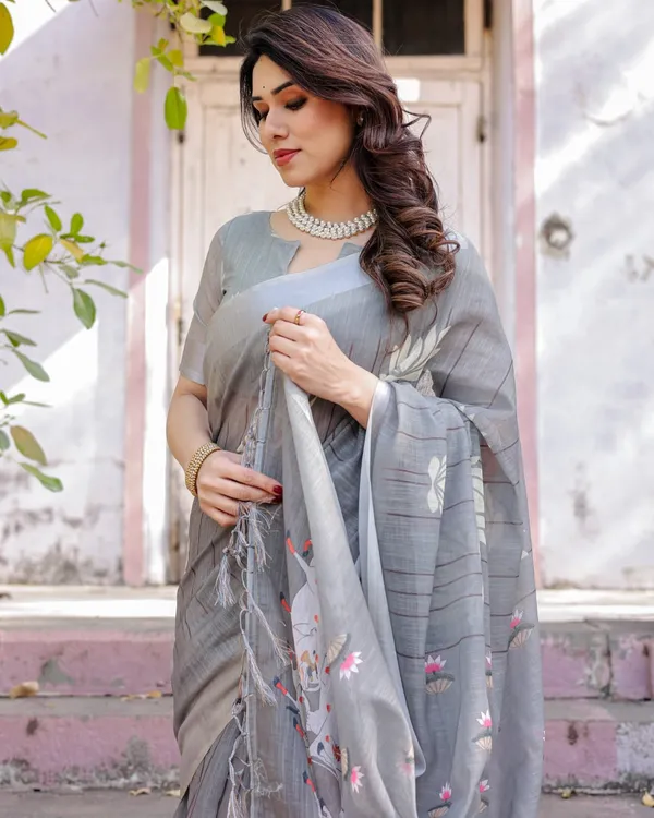 Grey_Linen_Saree_with_Lotus_&_Cow_Motif_Print